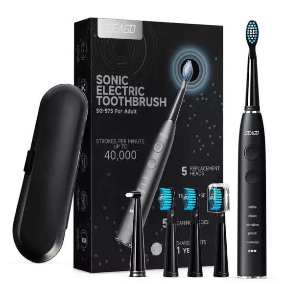 Seago soniczna szczoteczka do zębów SG-575 + etui + 5 końcówek, czarna