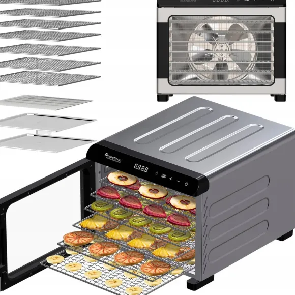 Suszarka spożywcza Pro TurboTronic do grzybów dehydrator temp. 35°c-75°c 7 poziomów timer nierdzewka 675W Srebrna