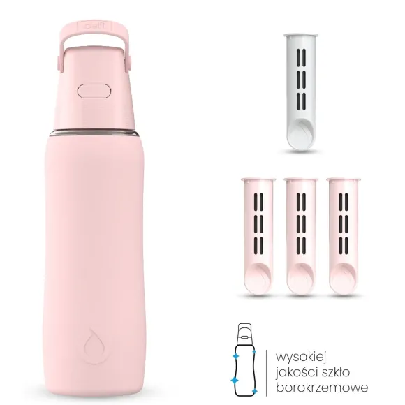 Szklana Butelka Filtrująca Dafi GLASS SiliconeFit 0,6 Baby Pink 4x Filtr