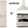 VestFrost Linia Beżowa - zestaw retro : kuchnia z płytą indukcyjną + okap + lodówka