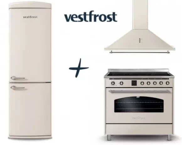 VestFrost Linia Beżowa - zestaw retro : kuchnia z płytą indukcyjną + okap + lodówka