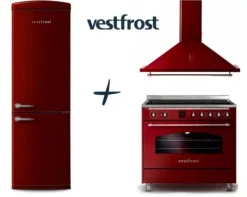 VestFrost Linia Bordowa - zestaw retro : kuchnia z płytą indukcyjną + okap + lodówka