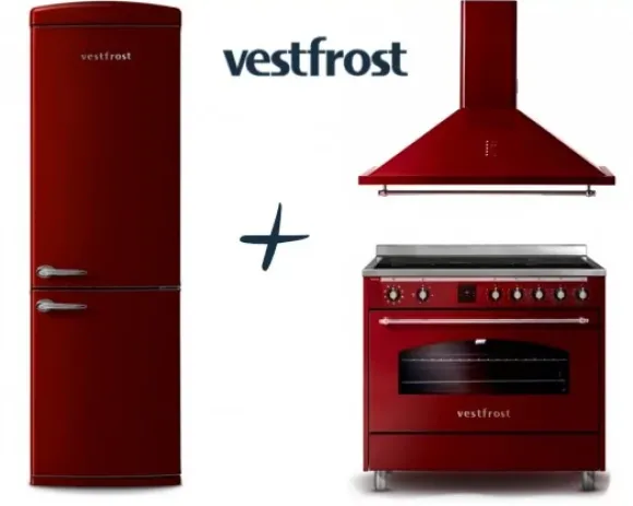 VestFrost Linia Bordowa - zestaw retro : kuchnia z płytą indukcyjną + okap + lodówka