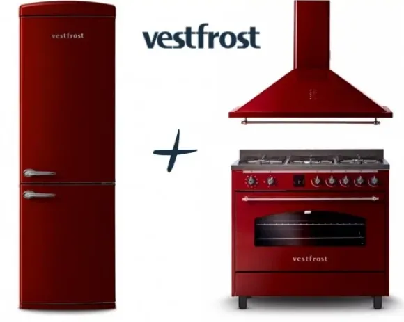 VestFrost Linia Bordowa - zestaw retro : kuchnia z płytą gazową + okap + lodówka
